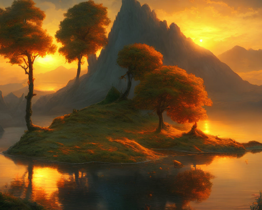 Tranquil lake sunset with island, golden trees, mountain view