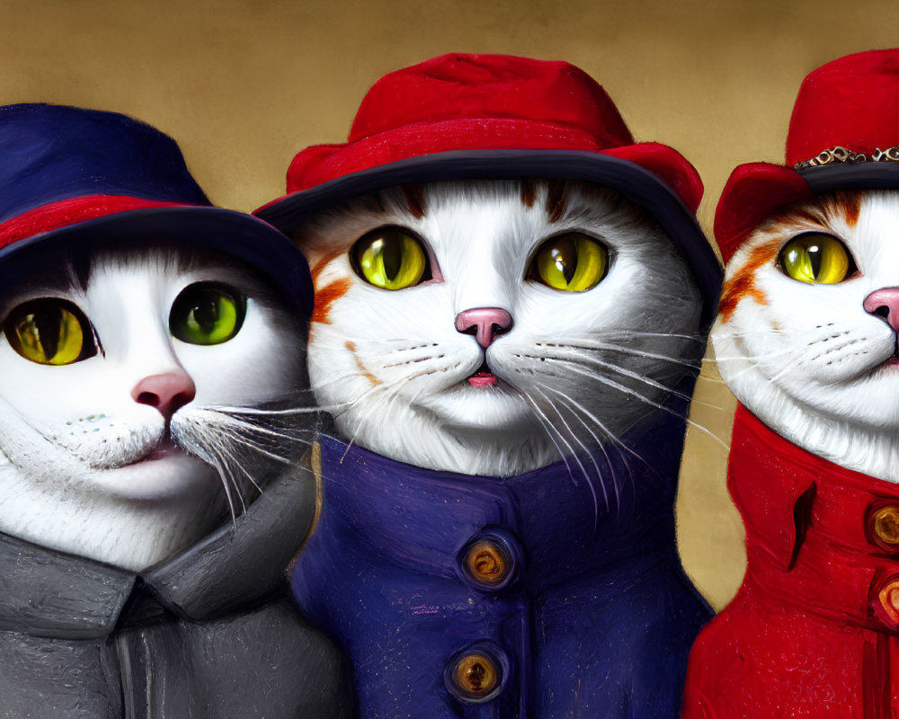 Three cats in colorful attire with human-like eyes on yellow background