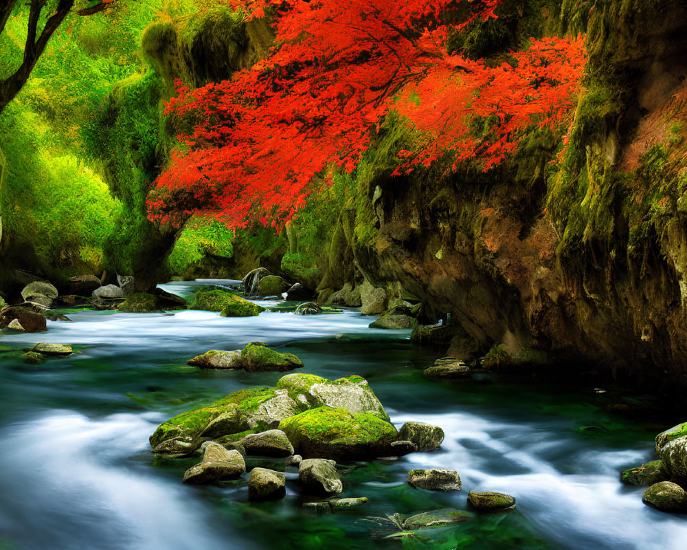 Tranquil river in rocky creek with green moss and red maple tree