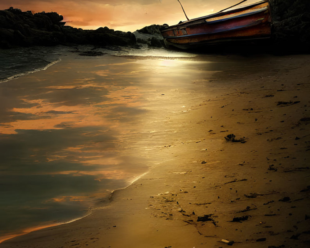 Deserted beach scene with stranded boat, lone palm tree, and dramatic sunset sky