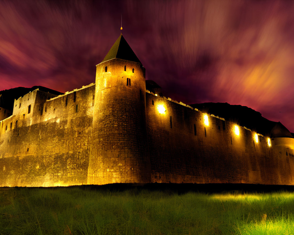 Medieval castle illuminated at dusk with dramatic sky and long exposure clouds