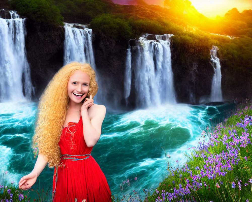 Blonde woman in red dress at majestic waterfalls in sunset