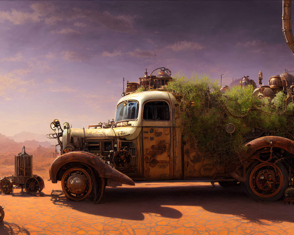 Vintage truck with steampunk elements and robots in desert scene