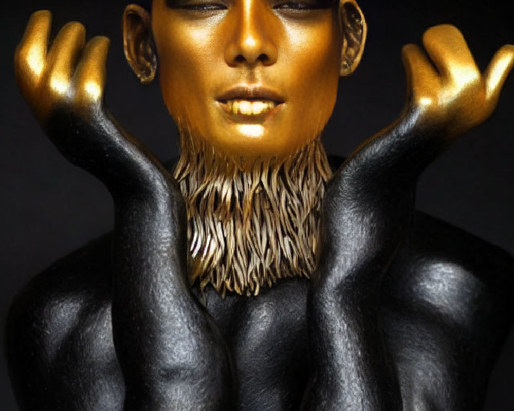 Golden-faced figure with beard and elongated ears against dark background