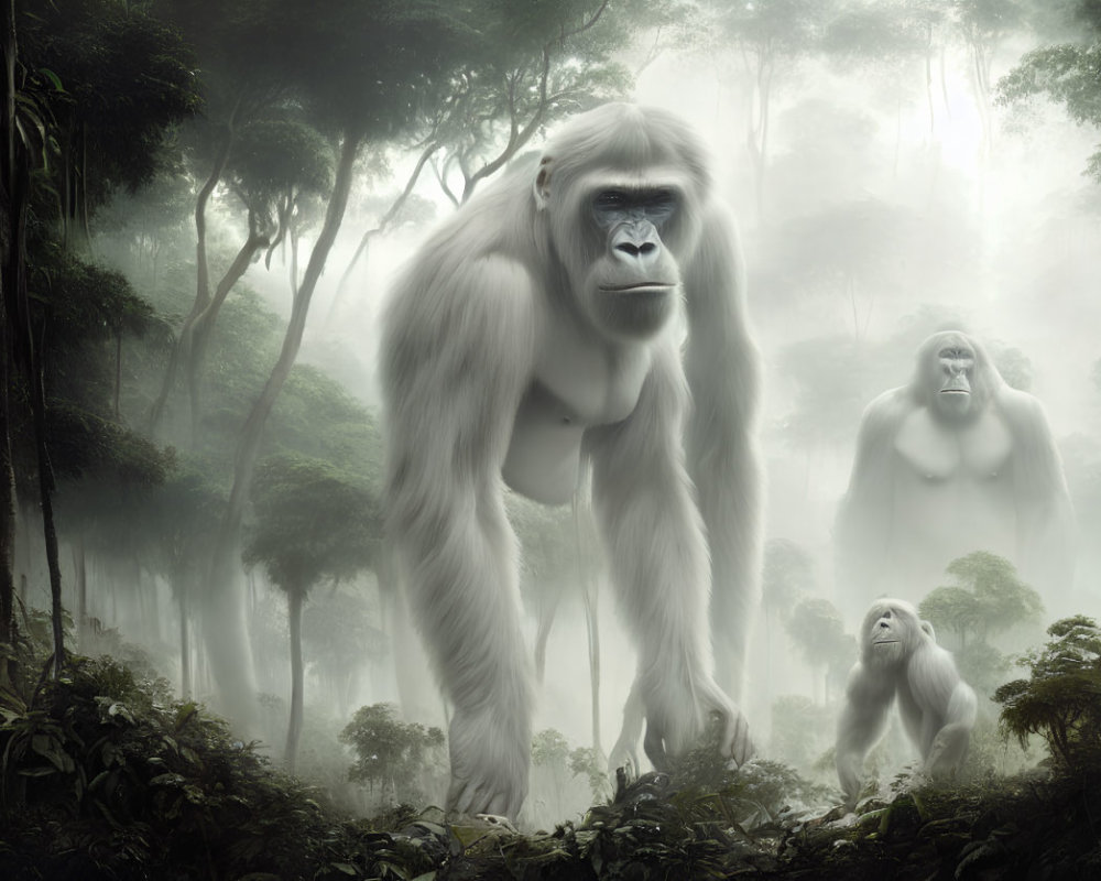 White-Haired Gorillas in Foggy Forest Scene