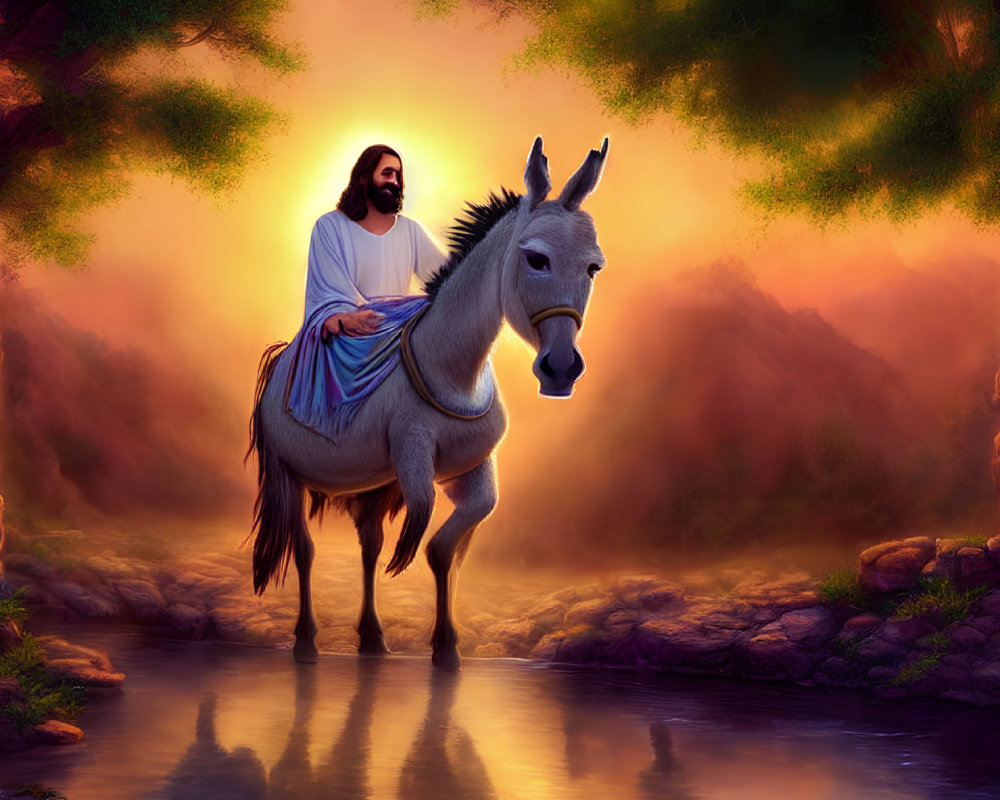 Man with Beard Riding Donkey in Sunset Landscape