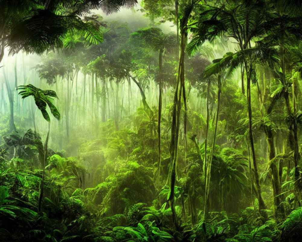 Vibrant rainforest with towering trees and misty light