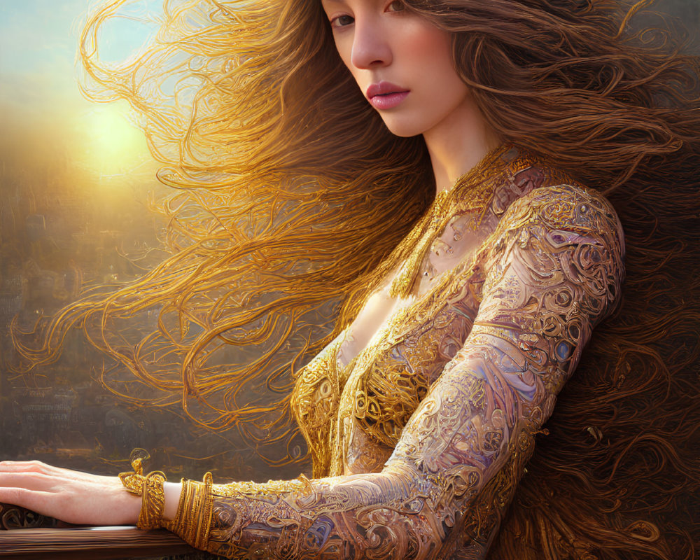 Golden-haired woman in ornate gold attire gazes pensively in sunset-lit cityscape