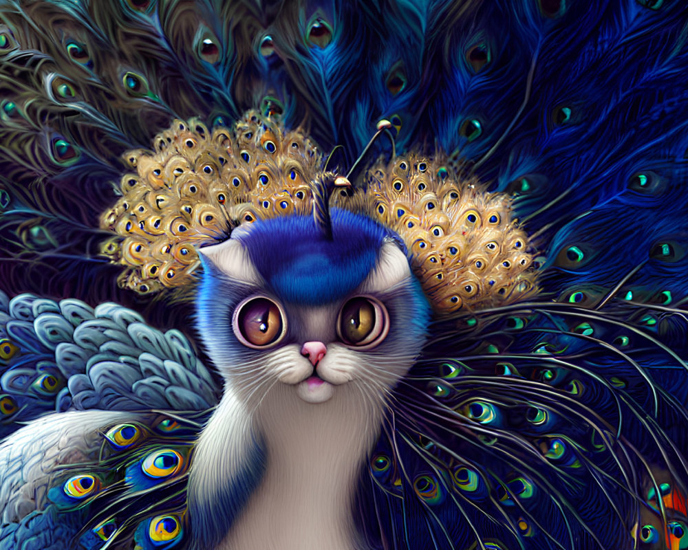 Colorful Cat Illustration with Peacock Tail and Feathers