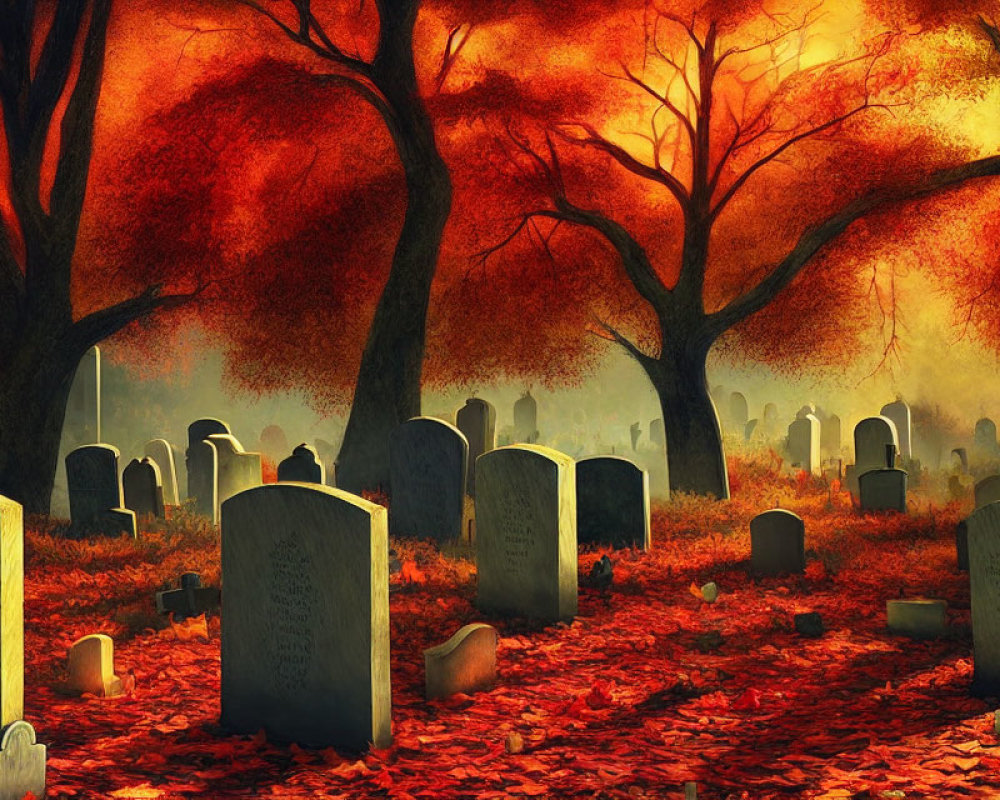 Vibrant autumn leaves and tombstones in peaceful cemetery