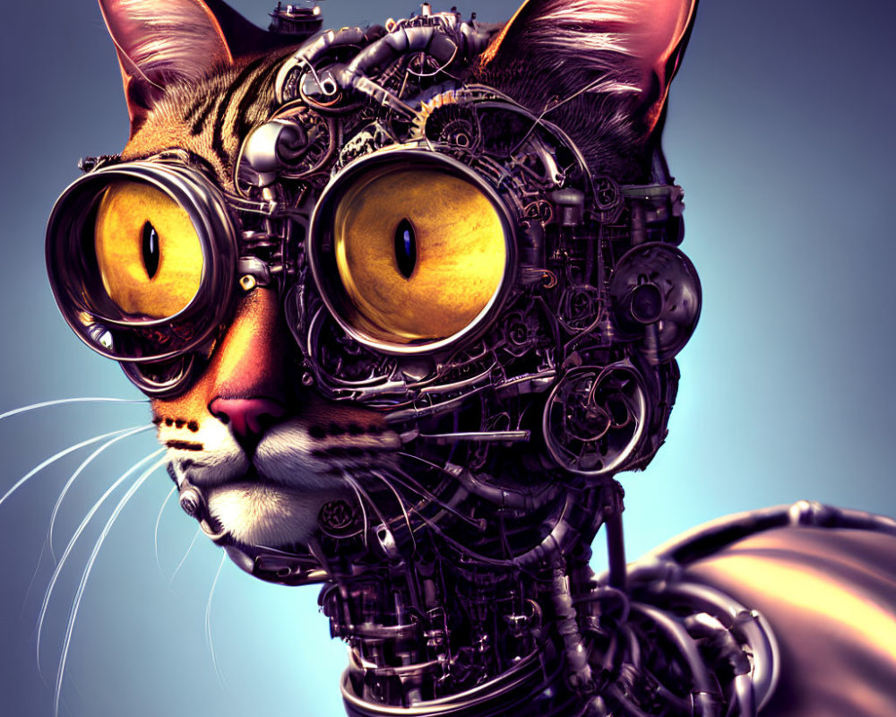 Steampunk-style mechanical cat with intricate gears and yellow goggles