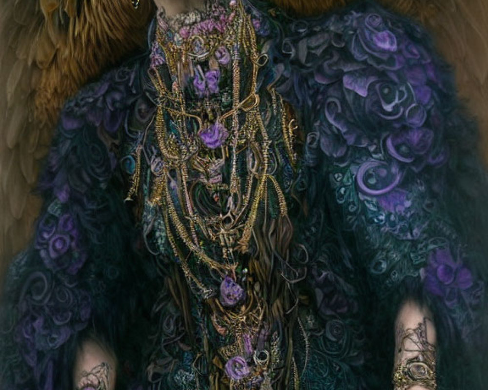 Ornately dressed woman with owl-themed headdress and feather accessory