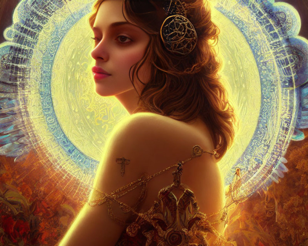 Digital artwork featuring woman with ornate halo, jewelry, and ethereal wings on autumnal background