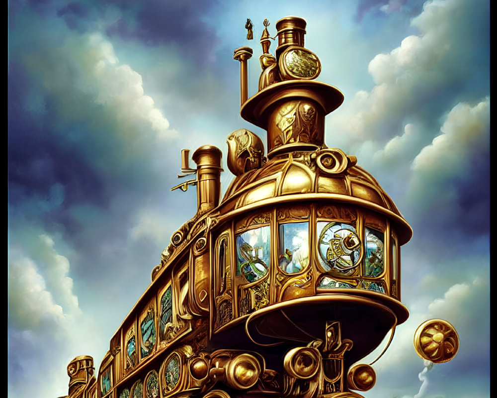 Steampunk train with golden details and glass windows in cloudy sky