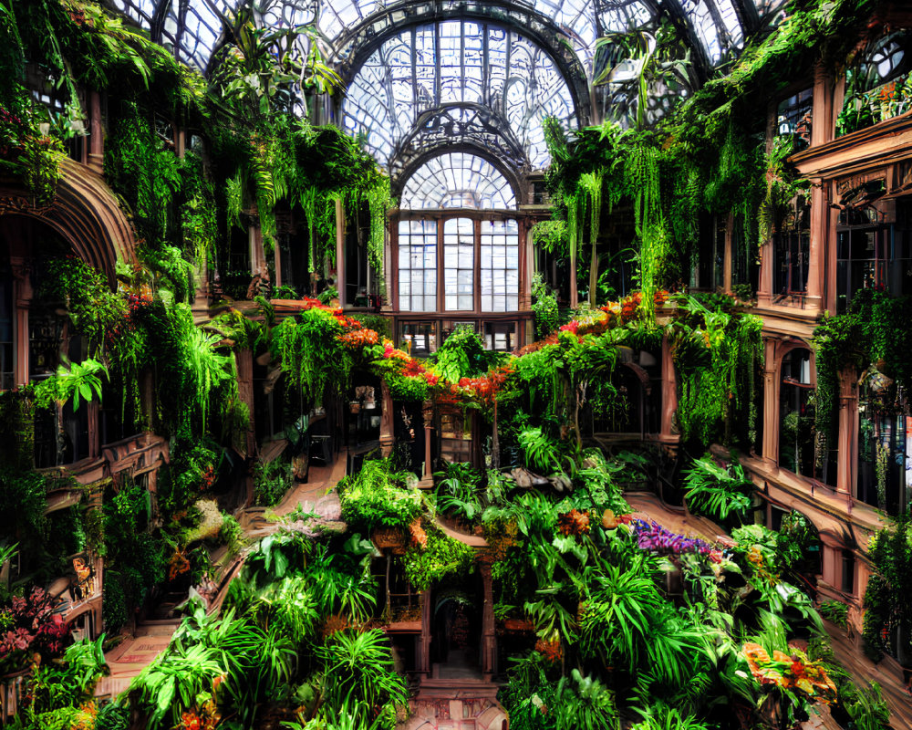 Verdant indoor garden under large glass dome with metal frameworks.