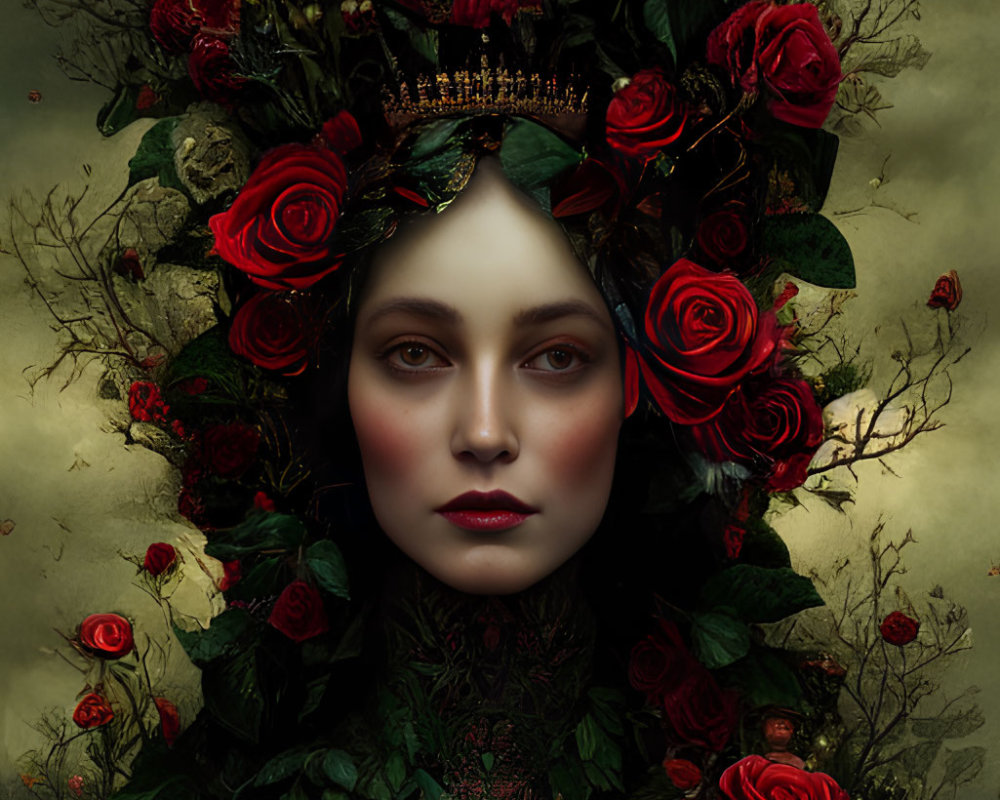 Woman with Red Rose Headdress and Golden Emblem on Moody Background