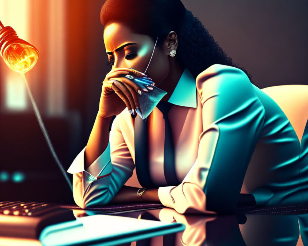 Contemplative woman at desk under warm desk lamp