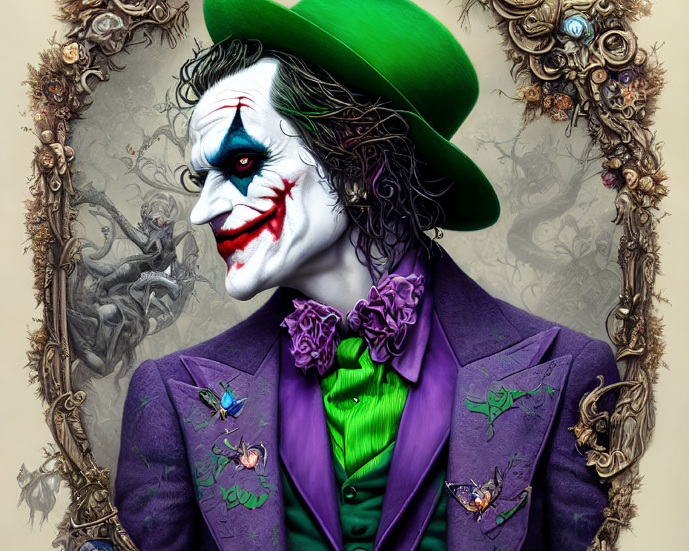 Colorful Joker costume illustration with green hat and purple coat