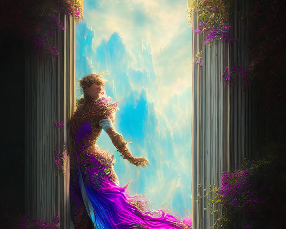 Person in Purple Dress Standing in Ornate Doorway Surrounded by Greenery and Light