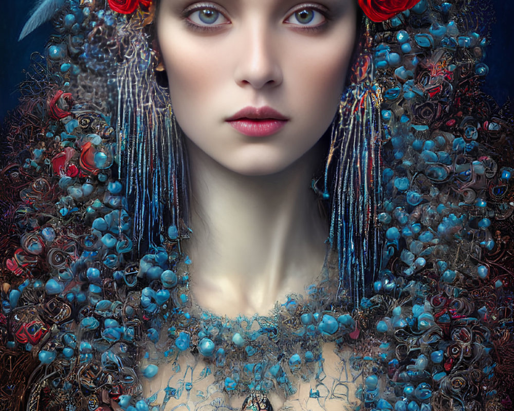 Woman with Blue Eyes and Ornate Headpiece Featuring Red Roses, Beadwork, and Feathers