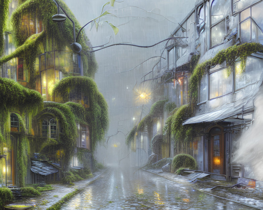 Cobblestone street with lush greenery and glowing lights in rainy cityscape