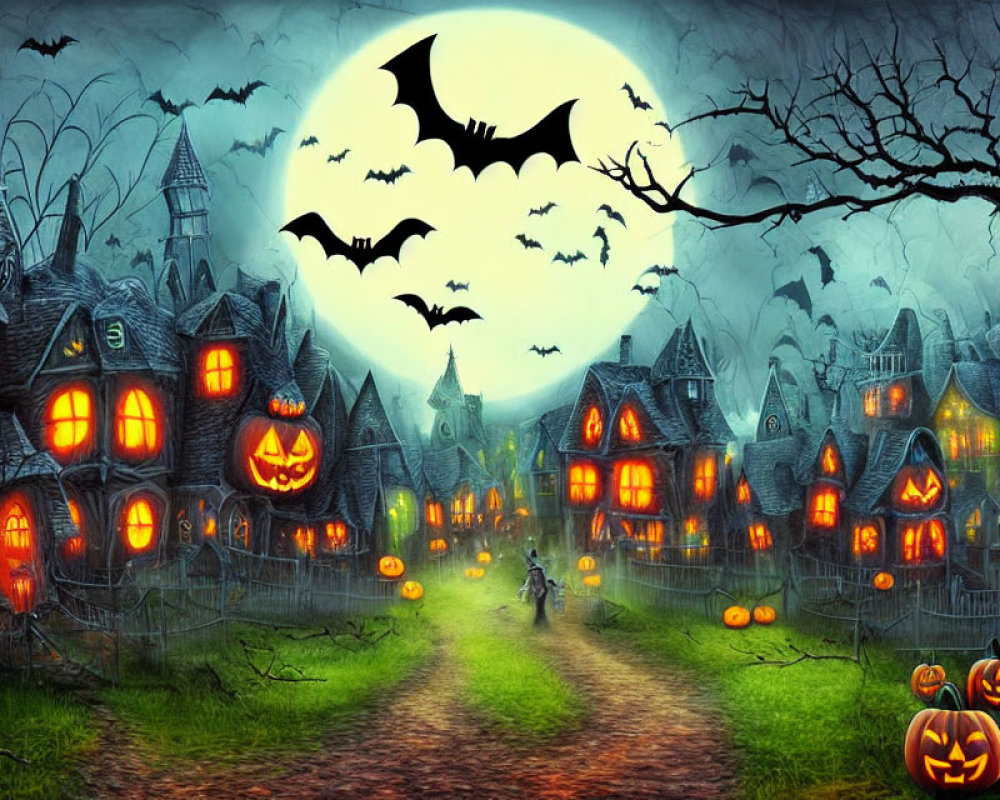 Haunted houses, jack-o'-lanterns, full moon, bats, and ghostly sky in