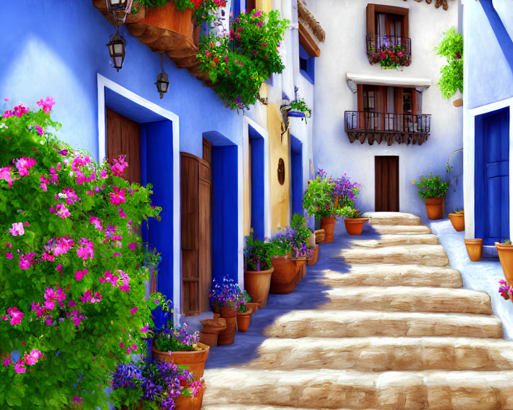 Vibrant blue alley with colorful flowers and plants under clear sky