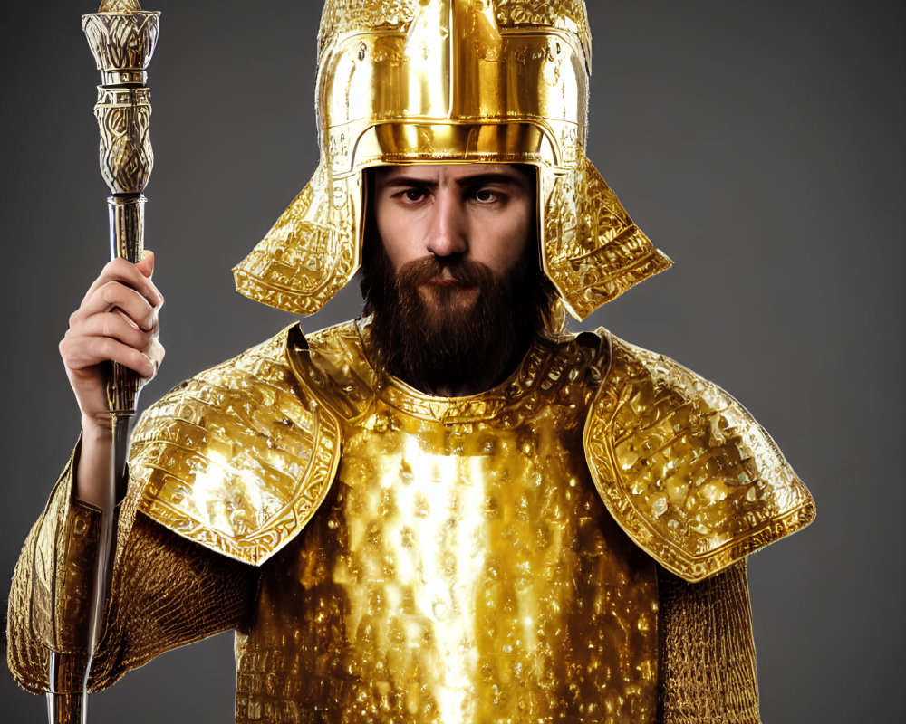 Man in ornate golden armor with spear on gray background