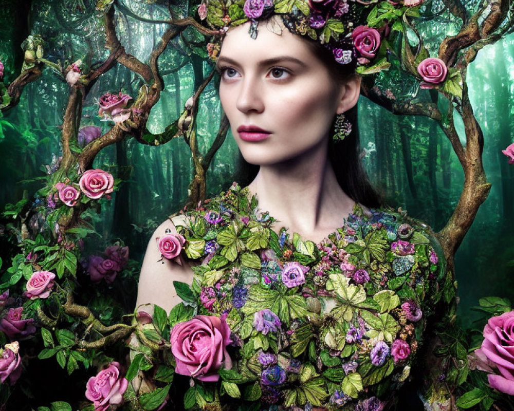 Woman blending into lush forest background with flowers and leaves.