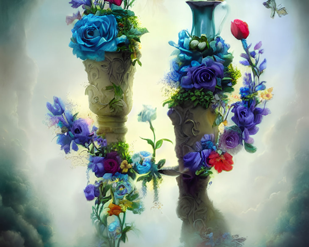 Floral arrangement of letter 'P' with flowers and butterflies on cloud-filled backdrop