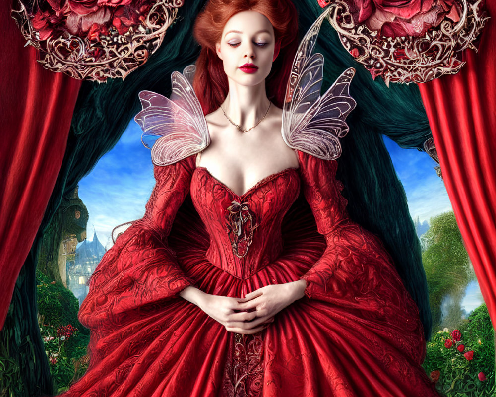 Elaborate red gown woman with butterfly wings and roses