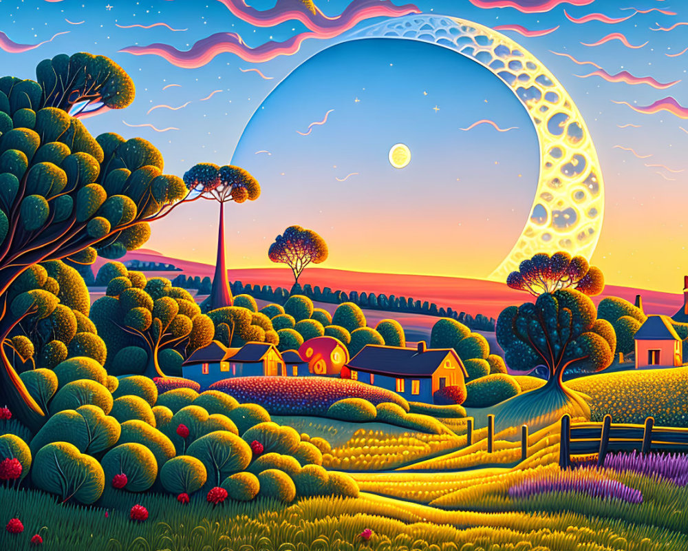 Vibrant surreal landscape with whimsical trees and crescent moon