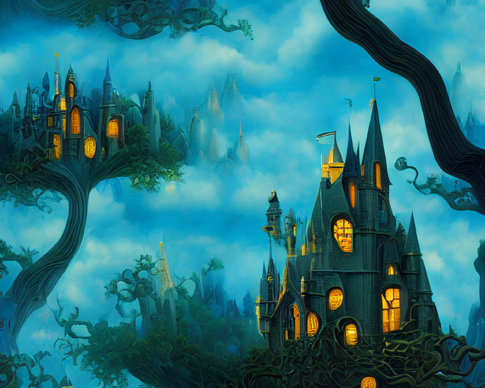 Twisted trees and gothic castles in enchanted evening landscape