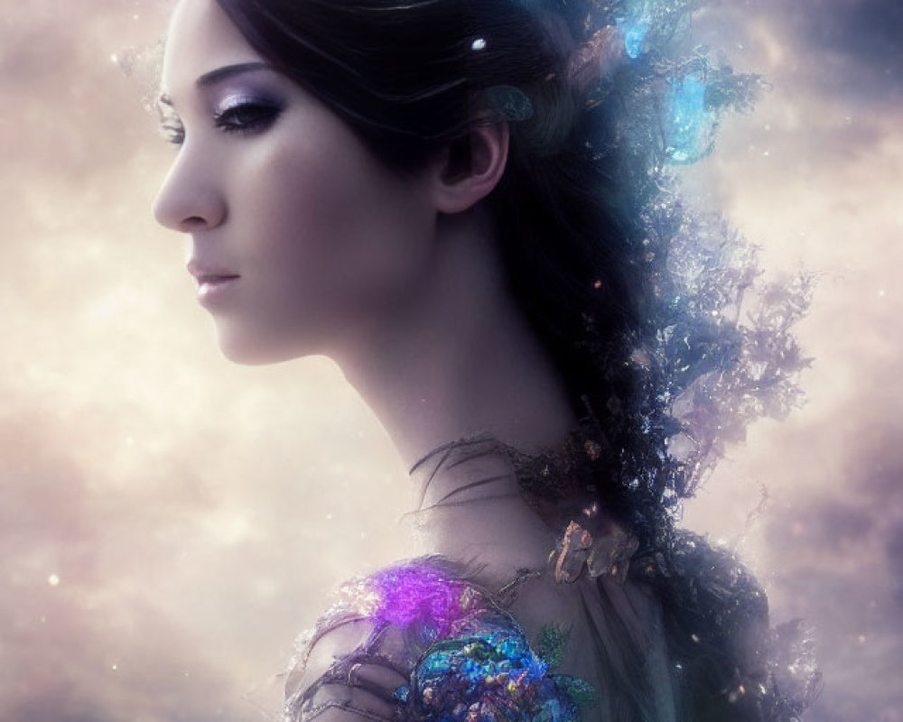 Fantasy woman with iridescent crystals in hair and cosmic backdrop