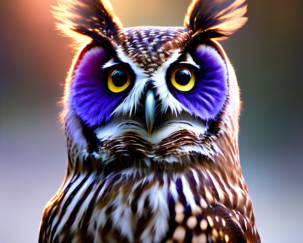 Vividly Colored Owl with Purple Eyebrows and Yellow Eyes