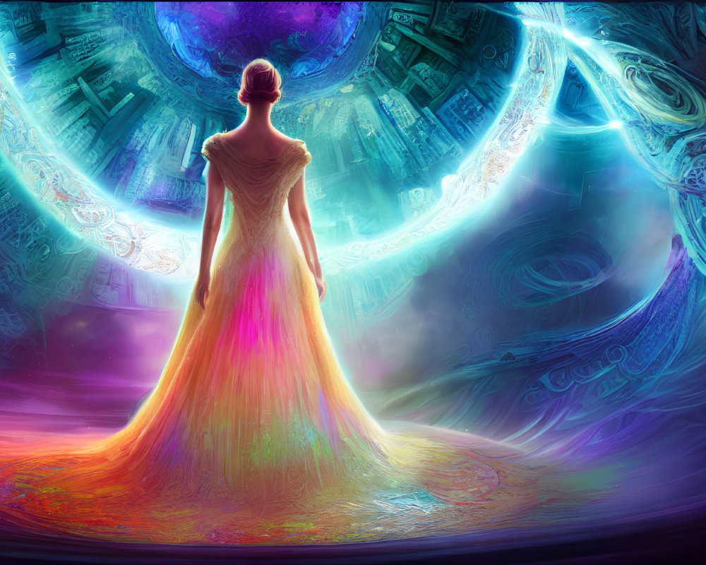 Person in Elegant Gown in Front of Vibrant Neon Portal