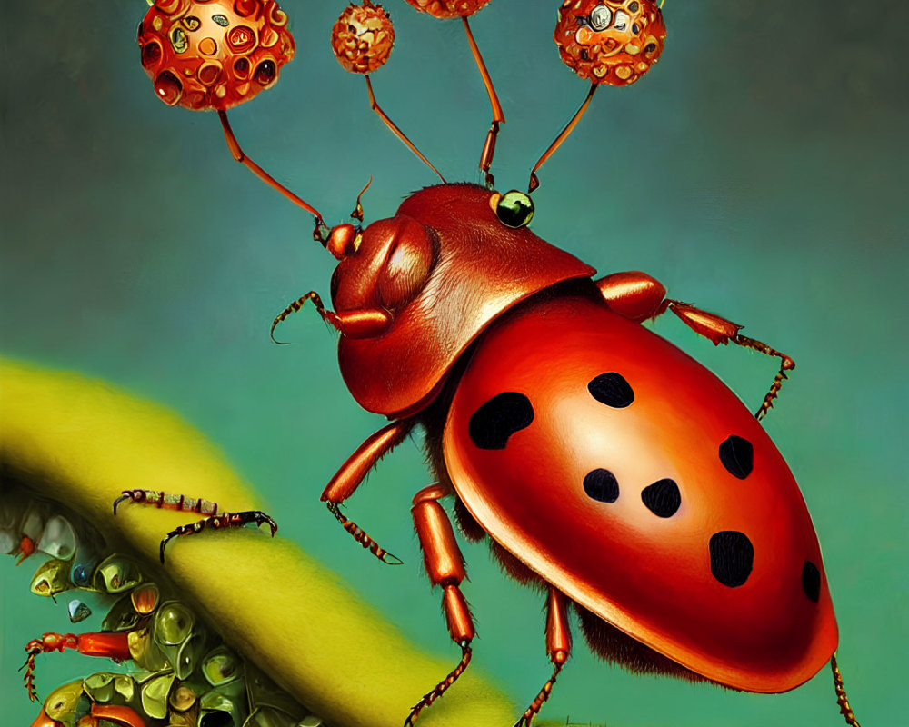 Illustration of Red Ladybug with Balloons on Leaf surrounded by Bugs