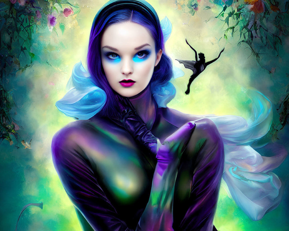 Digital artwork: Woman with blue hair, dark lipstick, vibrant floral scenery, fairy silhouette