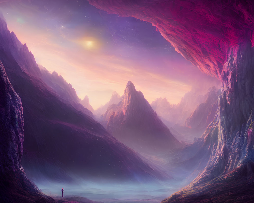 Surreal purple landscape with mountains at dawn