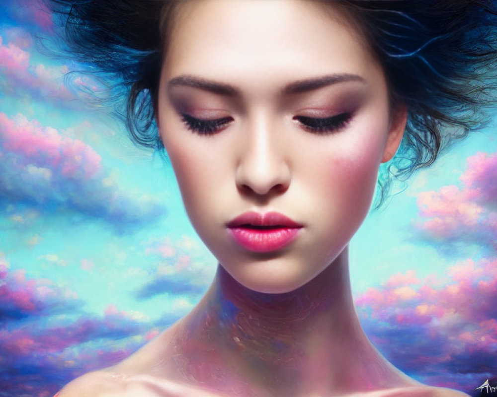 Serene woman with closed eyes in colorful, dreamy background