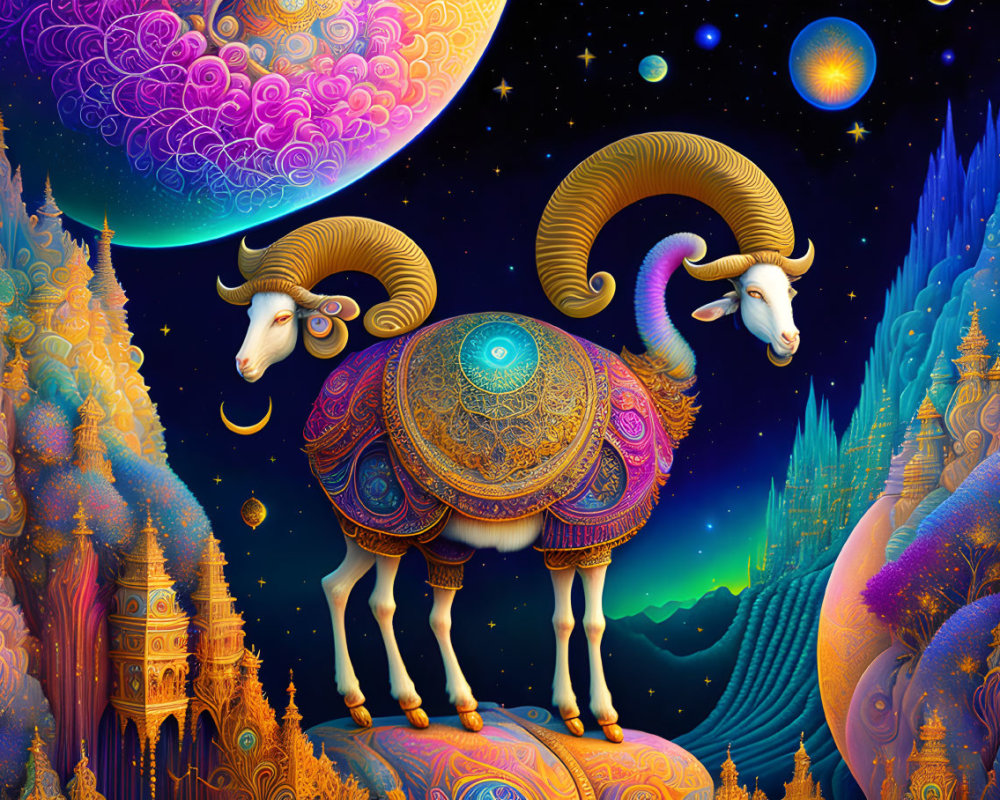 Symmetrical ram with ornate patterns in cosmic fantasy artwork