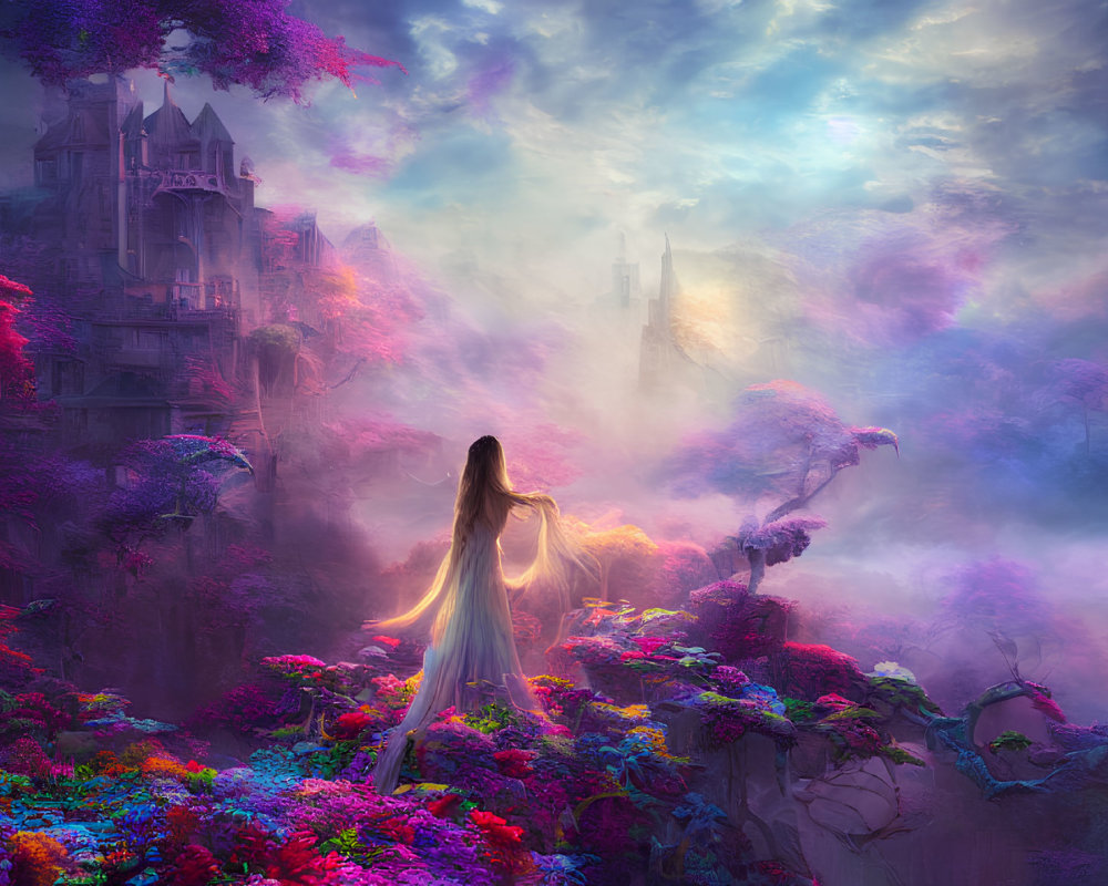 Woman in flowing dress amid mystical landscape with vibrant flowers, fog, and castle.