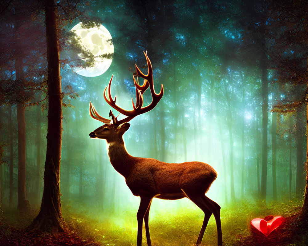 Majestic deer in mystical forest with glowing heart under moonlit sky