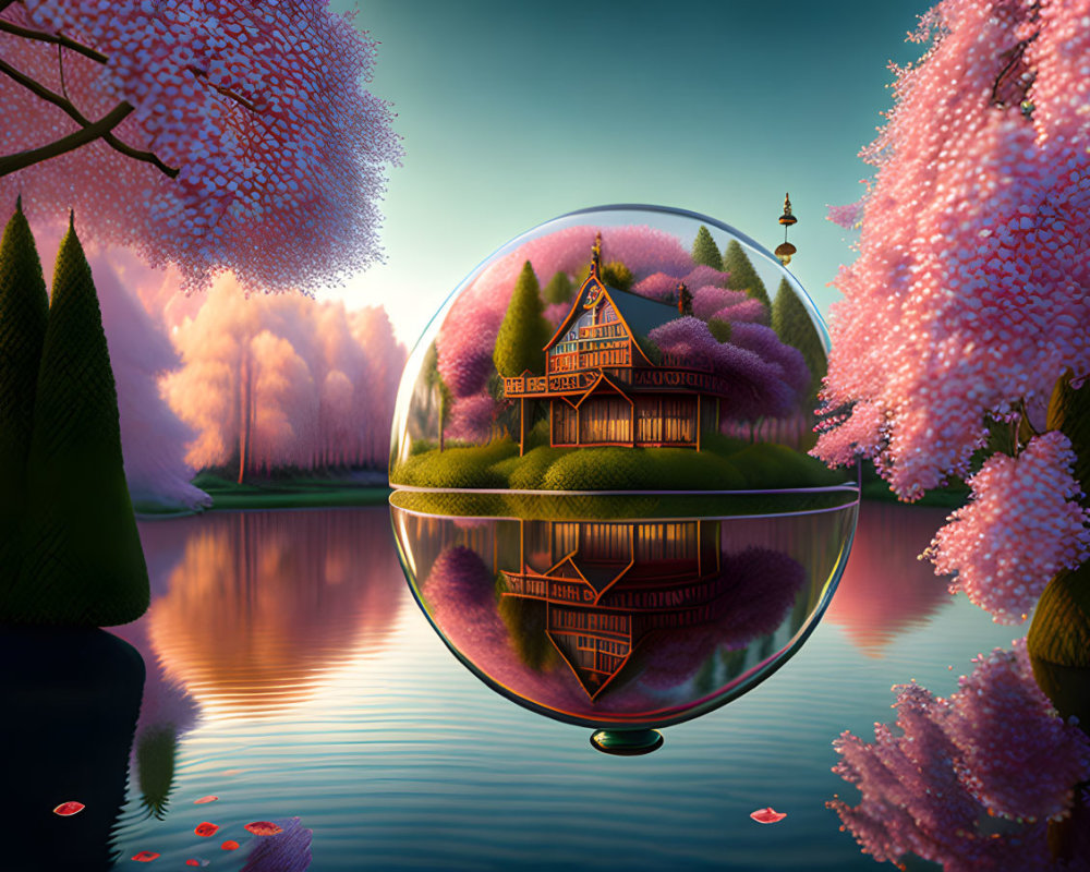 Glass sphere encapsulating miniature chalet in serene fantastical landscape