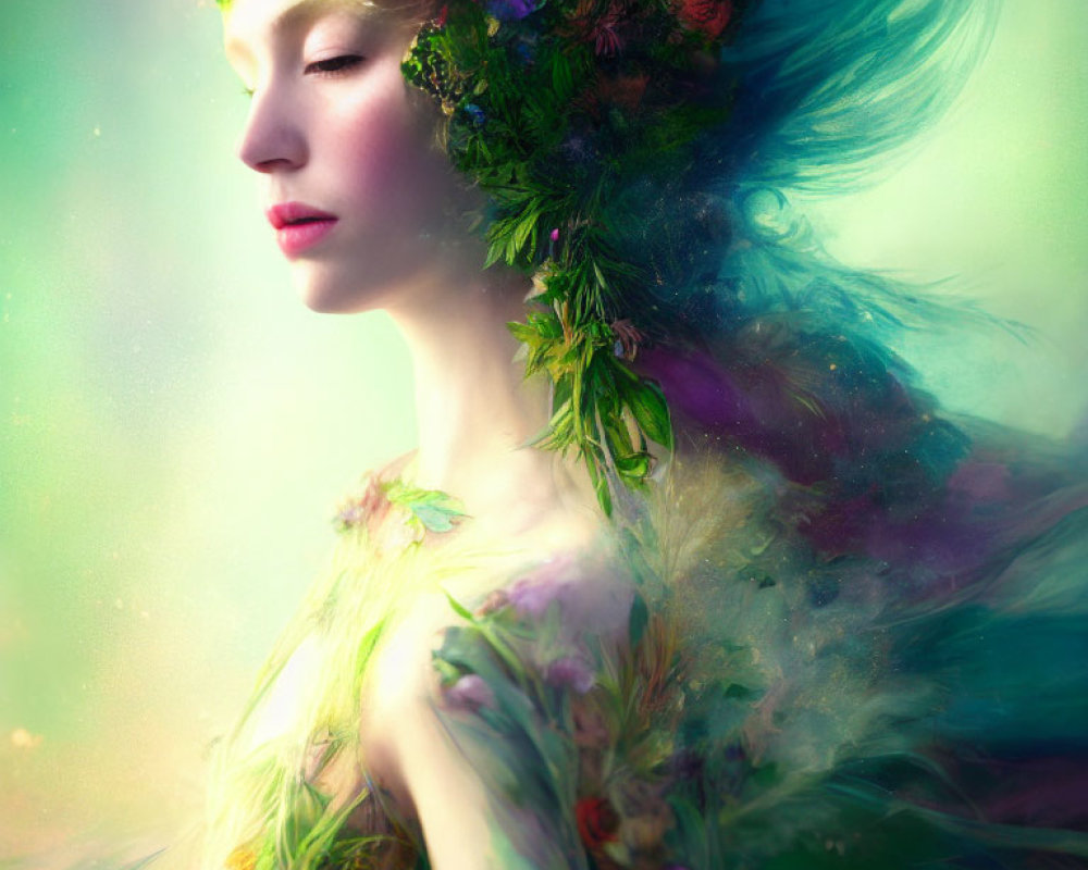 Woman wearing floral crown and dress blending into colorful mist