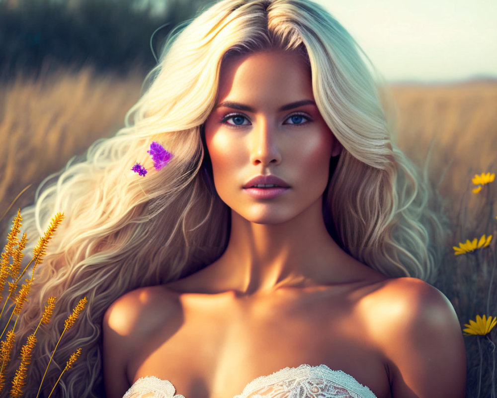 Blonde Woman with Butterfly on Face in Golden Field at Dusk