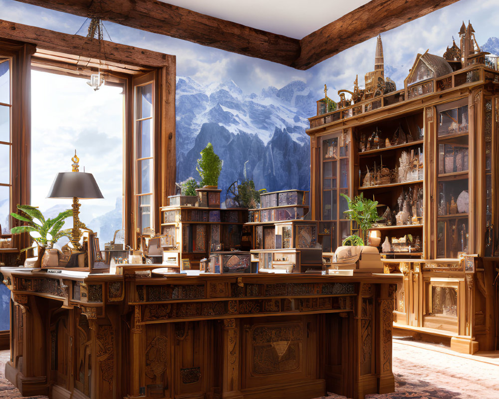 Classic Wooden Office with Bookshelf, Desk, and Mountain View