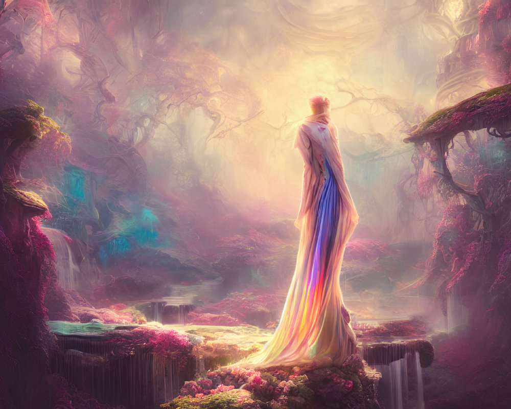 Person in Colorful Robe Overlooking Mystical Forest with Ethereal Trees