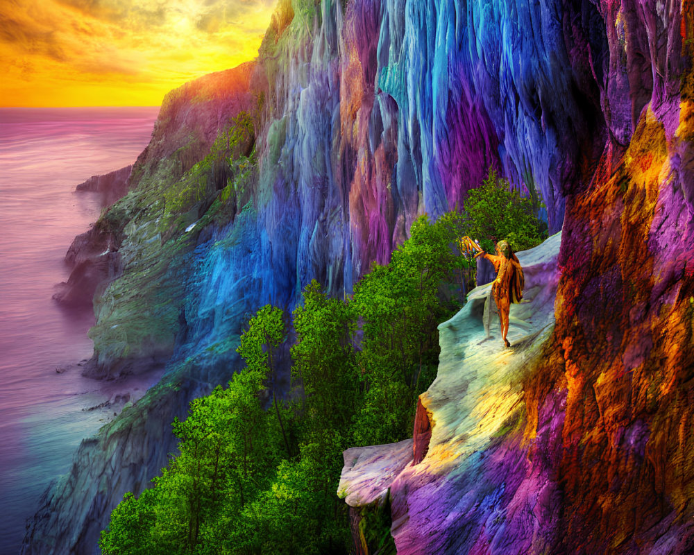 Colorful Waterfall on Vibrant Cliffside Overlooking Ocean at Sunset