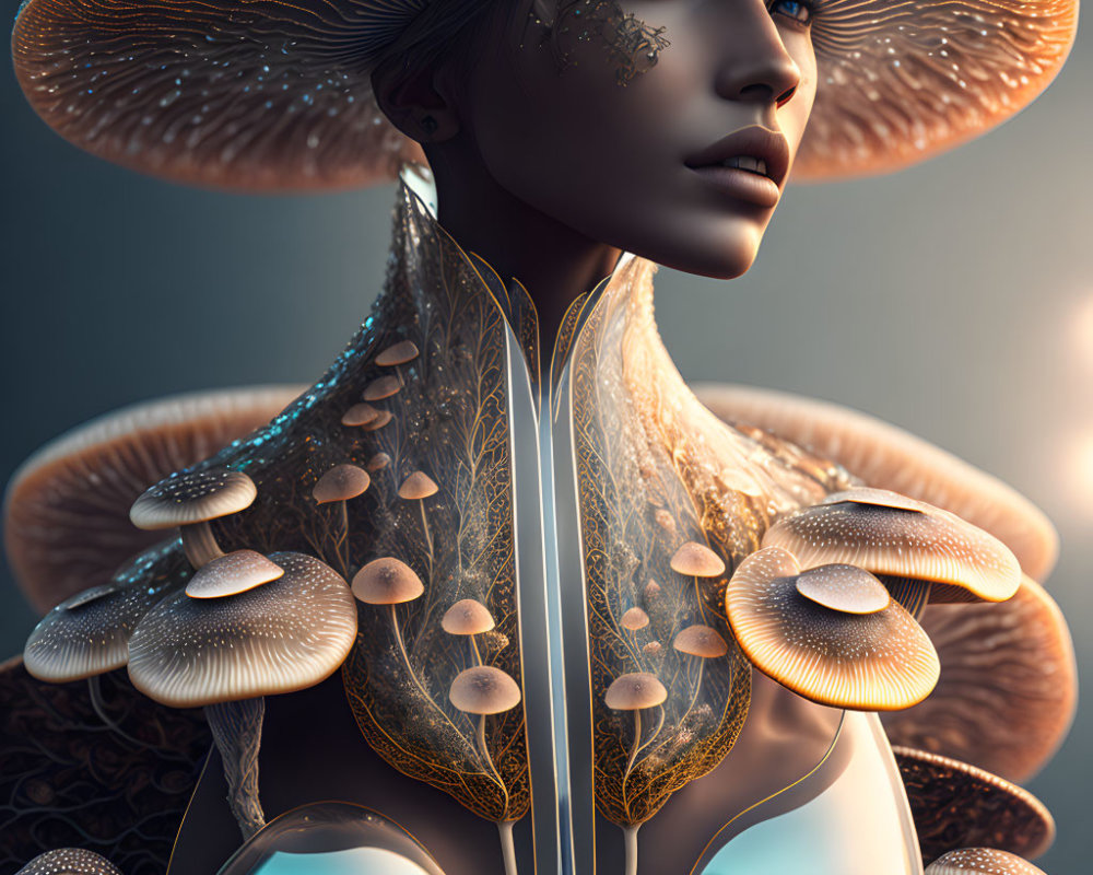 Surreal female figure with mushroom adornments and intricate patterns on skin